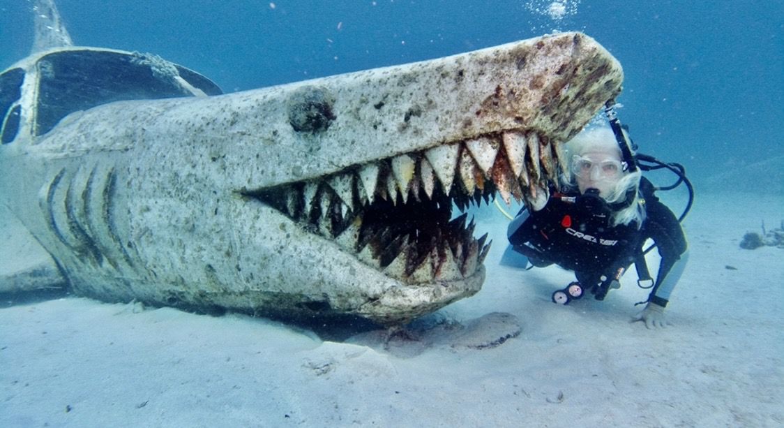 A diver beside a Sharkplaneo on the BVI Art Reef