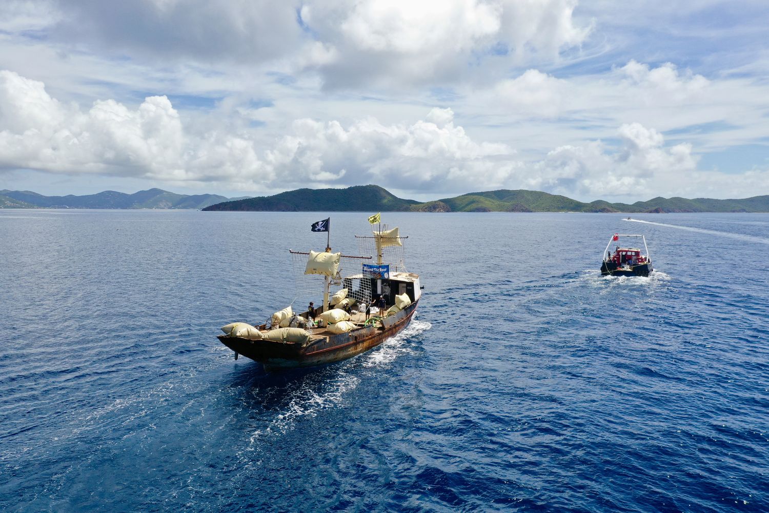 Aerial view of the Beyond The Reef art-reef vessel